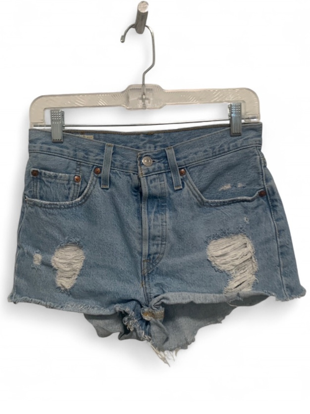 Levi’s 501 Premium Light Blue Distressed Denim Button Fly Shorts
